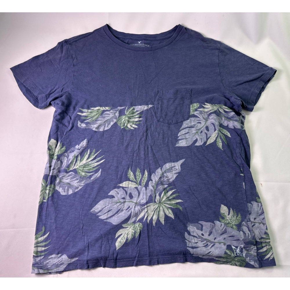 American Eagle Outfitters Men's Large Blue Tropical Leaf‎ Print Pocket T-Shirt